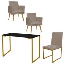 Kit Escritório Stan 2 Poltronas Rodapé com Cadeira e Mesa Industrial Preto Dourado Suede Bege - Ahz Móveis