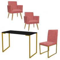 Kit Escritório Stan 2 Poltronas Rodapé com Cadeira e Mesa Industrial Preto Dourado Suede Rose Gold - Ahz Móveis