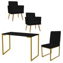Kit Escritório Stan 2 Poltronas Rodapé com Cadeira e Mesa Industrial Preto Dourado Tecido Sintético Preto - Ahz Móveis