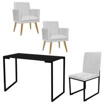 Kit Escritório Stan 2 Poltronas Rodapé com Cadeira e Mesa Industrial Tampo Preto material sintético Branco - Ahz Móveis