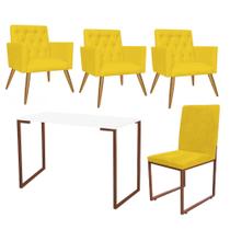 Kit Escritório Stan 3 Poltronas Capitonê com Cadeira e Mesa Industrial Branco Bronze material sintético Amarelo - Ahz Móveis