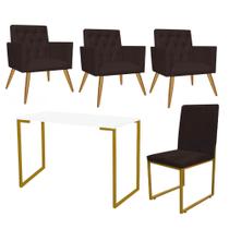 Kit Escritório Stan 3 Poltronas Capitonê com Cadeira e Mesa Industrial Branco Dourado material sintético Marrom - Ahz Móveis