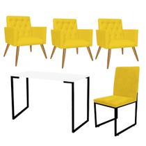 Kit Escritório Stan 3 Poltronas Capitonê com Cadeira e Mesa Industrial Branco Preto material sintético Amarelo - Ahz Móveis