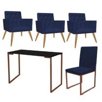 Kit Escritório Stan 3 Poltronas Capitonê com Cadeira e Mesa Industrial Preto Bronze Suede Azul Marinho - Ahz Móveis