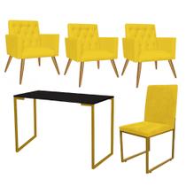 Kit Escritório Stan 3 Poltronas Capitonê com Cadeira e Mesa Industrial Preto Dourado Suede Amarelo - Ahazzo Móveis