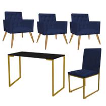 Kit Escritório Stan 3 Poltronas Capitonê com Cadeira e Mesa Industrial Preto Dourado Suede Azul Marinho - Ahz Móveis