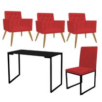 Kit Escritório Stan 3 Poltronas Capitonê com Cadeira e Mesa Industrial Tampo Preto Suede Vermelho - Ahz Móveis