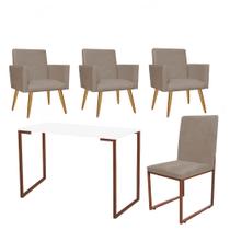 Kit Escritório Stan 3 Poltronas com Cadeira e Mesa Industrial Tampo Branco Bronze material sintético Bege - Ahz Móveis