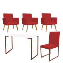 Kit Escritório Stan 3 Poltronas com Cadeira e Mesa Industrial Tampo Branco Bronze material sintético Vermelho - Ahz Móveis