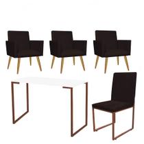 Kit Escritório Stan 3 Poltronas com Cadeira e Mesa Industrial Tampo Branco Bronze Tecido Sintético Marrom - Ahz Móveis
