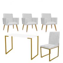 Kit Escritório Stan 3 Poltronas com Cadeira e Mesa Industrial Tampo Branco Dourado Tecido Sintético Branco - Ahz Móveis