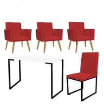 Kit Escritório Stan 3 Poltronas com Cadeira e Mesa Industrial Tampo Branco Preto Suede Vermelho - Ahz Móveis