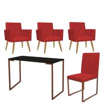 Kit Escritório Stan 3 Poltronas com Cadeira e Mesa Industrial Tampo Preto Bronze Suede Vermelho - Ahz Móveis