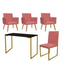 Kit Escritório Stan 3 Poltronas com Cadeira e Mesa Industrial Tampo Preto Dourado Suede Rose Gold - Ahz Móveis