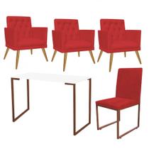 Kit Escritório Stan 3 Poltronas Maria com Cadeira e Mesa Industrial Branco Bronze material sintético Vermelho - Ahz Móveis