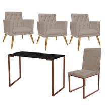 Kit Escritório Stan 3 Poltronas Maria com Cadeira e Mesa Industrial Preto Bronze material sintético Bege - Ahz Móveis