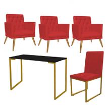 Kit Escritório Stan 3 Poltronas Maria com Cadeira e Mesa Industrial Preto Dourado Suede Vermelho - Ahz Móveis