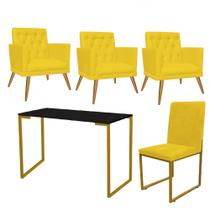 Kit Escritório Stan 3 Poltronas Maria com Cadeira e Mesa Industrial Preto Dourado Tecido Sintético Amarelo - Ahz Móveis