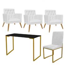 Kit Escritório Stan 3 Poltronas Maria com Cadeira e Mesa Industrial Preto Dourado Tecido Sintético Branco - Ahz Móveis