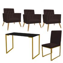 Kit Escritório Stan 3 Poltronas Maria com Cadeira e Mesa Industrial Preto Dourado Tecido Sintético Marrom - Ahz Móveis