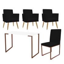 Kit Escritório Stan 3 Poltronas Rodapé com Cadeira e Mesa Industrial Branco Bronze Tecido Sintético Preto - Ahz Móveis