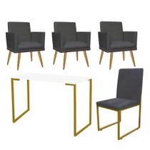 Kit Escritório Stan 3 Poltronas Rodapé com Cadeira e Mesa Industrial Branco Dourado Suede Cinza - Ahz Móveis