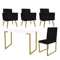 Kit Escritório Stan 3 Poltronas Rodapé com Cadeira e Mesa Industrial Branco Dourado Suede Preto - Ahz Móveis