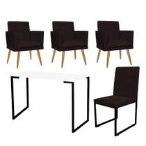 Kit Escritório Stan 3 Poltronas Rodapé com Cadeira e Mesa Industrial Branco Preto material sintético Marrom - Ahz Móveis