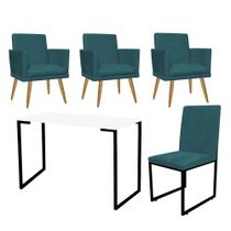 Kit Escritório Stan 3 Poltronas Rodapé com Cadeira e Mesa Industrial Branco Preto Suede Azul Turquesa - Ahazzo Móveis