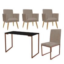 Kit Escritório Stan 3 Poltronas Rodapé com Cadeira e Mesa Industrial Preto Bronze material sintético Bege - Ahz Móveis