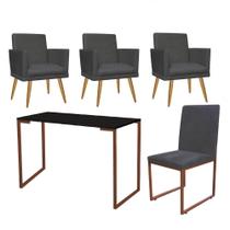 Kit Escritório Stan 3 Poltronas Rodapé com Cadeira e Mesa Industrial Preto Bronze material sintético Cinza - Ahz Móveis