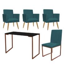 Kit Escritório Stan 3 Poltronas Rodapé com Cadeira e Mesa Industrial Preto Bronze Suede Azul Turquesa - Ahz Móveis