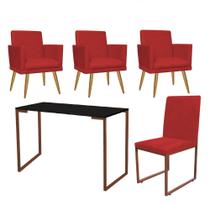 Kit Escritório Stan 3 Poltronas Rodapé com Cadeira e Mesa Industrial Preto Bronze Suede Vermelho - Ahz Móveis