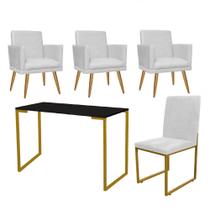 Kit Escritório Stan 3 Poltronas Rodapé com Cadeira e Mesa Industrial Preto Dourado material sintético Branco - Ahazzo Móveis