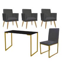 Kit Escritório Stan 3 Poltronas Rodapé com Cadeira e Mesa Industrial Preto Dourado material sintético Cinza - Ahz Móveis