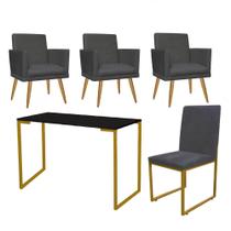 Kit Escritório Stan 3 Poltronas Rodapé com Cadeira e Mesa Industrial Preto Dourado Suede Cinza - Ahz Móveis