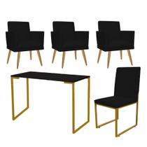 Kit Escritório Stan 3 Poltronas Rodapé com Cadeira e Mesa Industrial Preto Dourado Suede Preto - Ahz Móveis