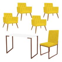 Kit Escritório Stan 4 Poltronas Capitonê com Cadeira e Mesa Industrial Branco Bronze Suede Amarelo - Ahz Móveis