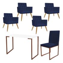 Kit Escritório Stan 4 Poltronas Capitonê com Cadeira e Mesa Industrial Branco Bronze Suede Azul Marinho - Ahz Móveis