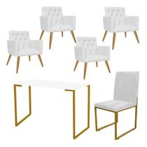 Kit Escritório Stan 4 Poltronas Capitonê com Cadeira e Mesa Industrial Branco Dourado material sintético Branco - Ahz Móveis