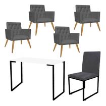 Kit Escritório Stan 4 Poltronas Capitonê com Cadeira e Mesa Industrial Branco Preto Suede Cinza - Ahz Móveis