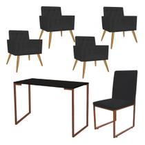 Kit Escritório Stan 4 Poltronas Capitonê com Cadeira e Mesa Industrial Preto Bronze Suede Preto - Ahz Móveis