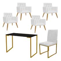 Kit Escritório Stan 4 Poltronas Capitonê com Cadeira e Mesa Industrial Preto Dourado material sintético Branco - Ahz Móveis