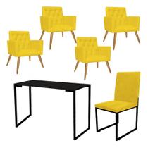 Kit Escritório Stan 4 Poltronas Capitonê com Cadeira e Mesa Industrial Tampo Preto Tecido Sintético Amarelo - Amey Decor