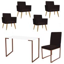 Kit Escritório Stan 4 Poltronas com Cadeira e Mesa Industrial Tampo Branco Bronze Suede Marrom - Ahz Móveis