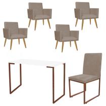 Kit Escritório Stan 4 Poltronas com Cadeira e Mesa Industrial Tampo Branco Bronze Tecido Sintético Bege - Ahz Móveis