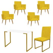 Kit Escritório Stan 4 Poltronas com Cadeira e Mesa Industrial Tampo Branco Dourado Suede Amarelo - Ahz Móveis