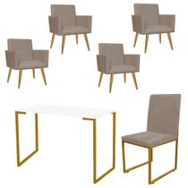 Kit Escritório Stan 4 Poltronas com Cadeira e Mesa Industrial Tampo Branco Dourado Suede Bege - Ahz Móveis