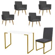 Kit Escritório Stan 4 Poltronas com Cadeira e Mesa Industrial Tampo Branco Dourado Suede Cinza - Ahz Móveis