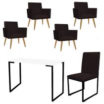 Kit Escritório Stan 4 Poltronas com Cadeira e Mesa Industrial Tampo Branco Preto material sintético Marrom - Ahz Móveis